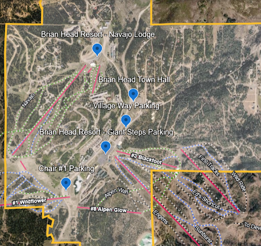 Map of Brian Head Resort area showing town hall, resort parking, chair #1 and #1 wildflower/#3 blackfoot lots with labeled driving paths.