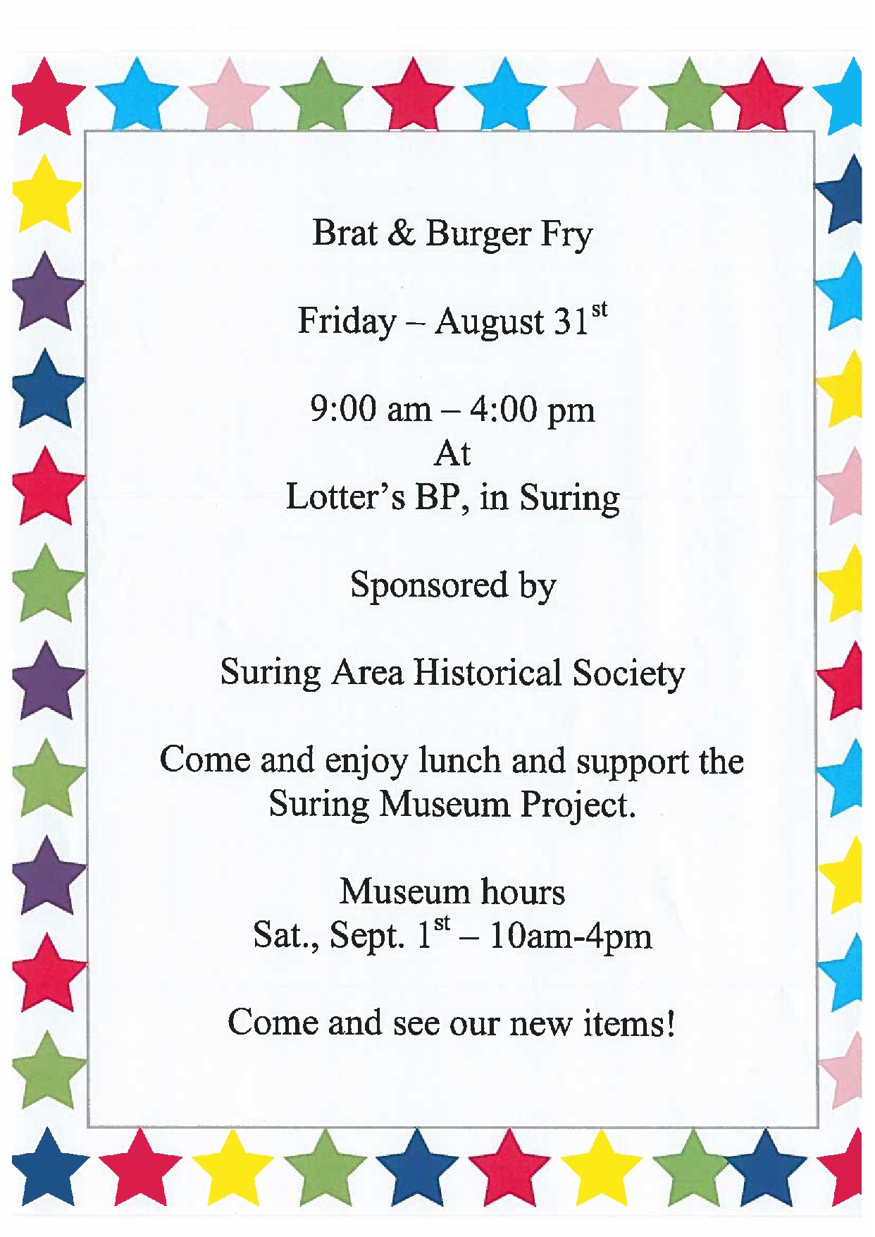 Community flyer for a Brat & Burger Fry sponsored by the Suring Area Historical Society to support the Suring Museum Project.