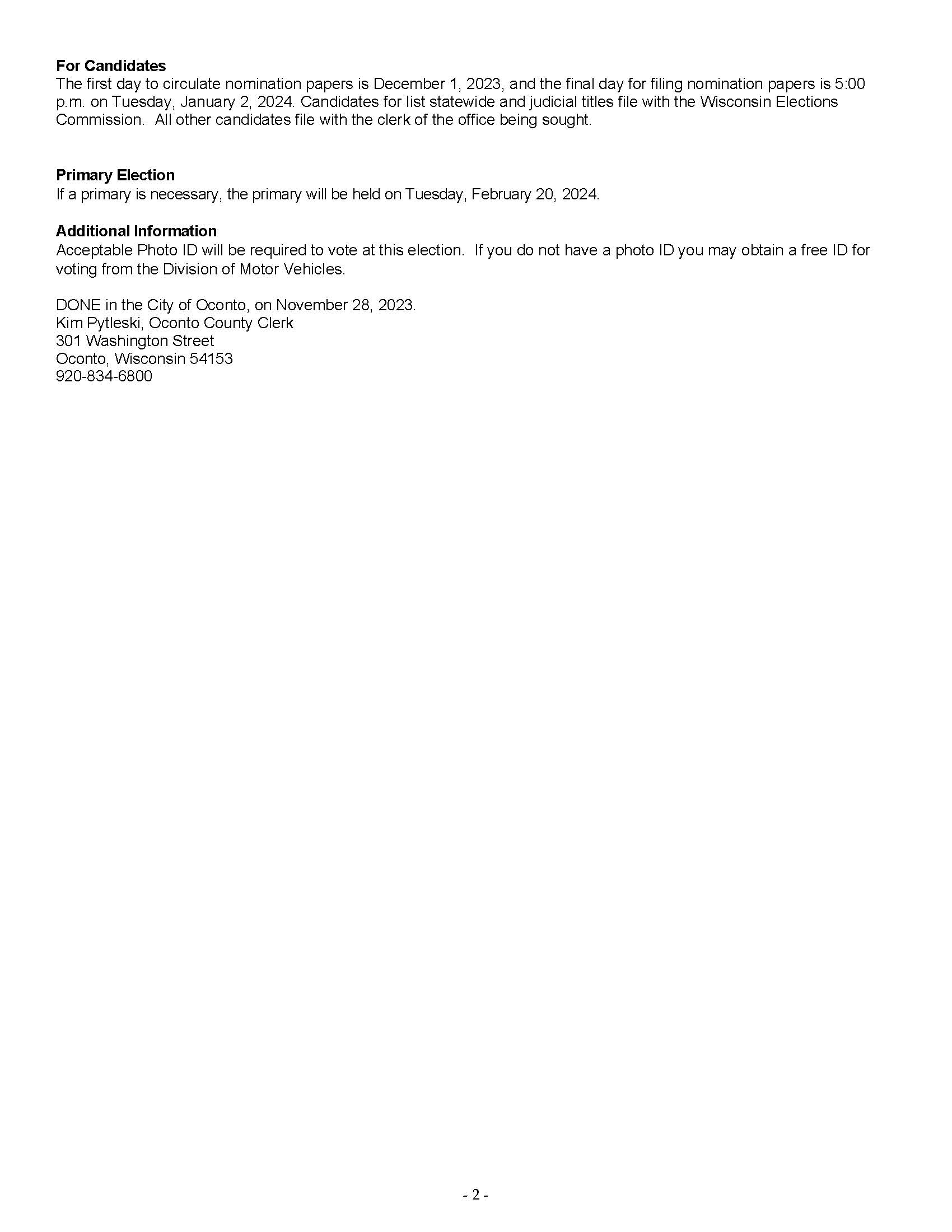 The image shows an official election notice for the City of Oconto, Wisconsin, detailing candidate deadlines, primary dates, and voter ID rules.