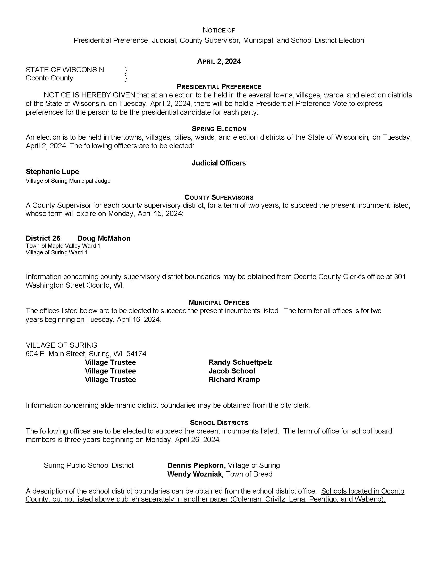 This official notice announces the Wisconsin Spring and Presidential Preference Election held on Tuesday, April 2, 2024, listing local candidates and offices for Oconto County and the Village of Suring.