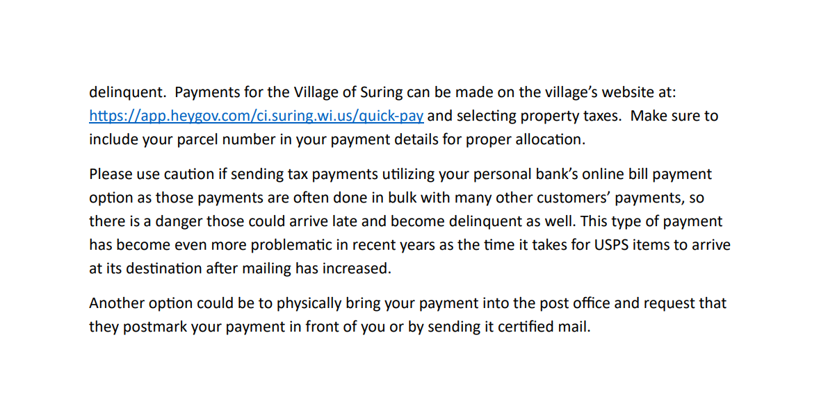 Payments for the Village of Suring can be made online or delivered safely using specific methods to avoid late fees.