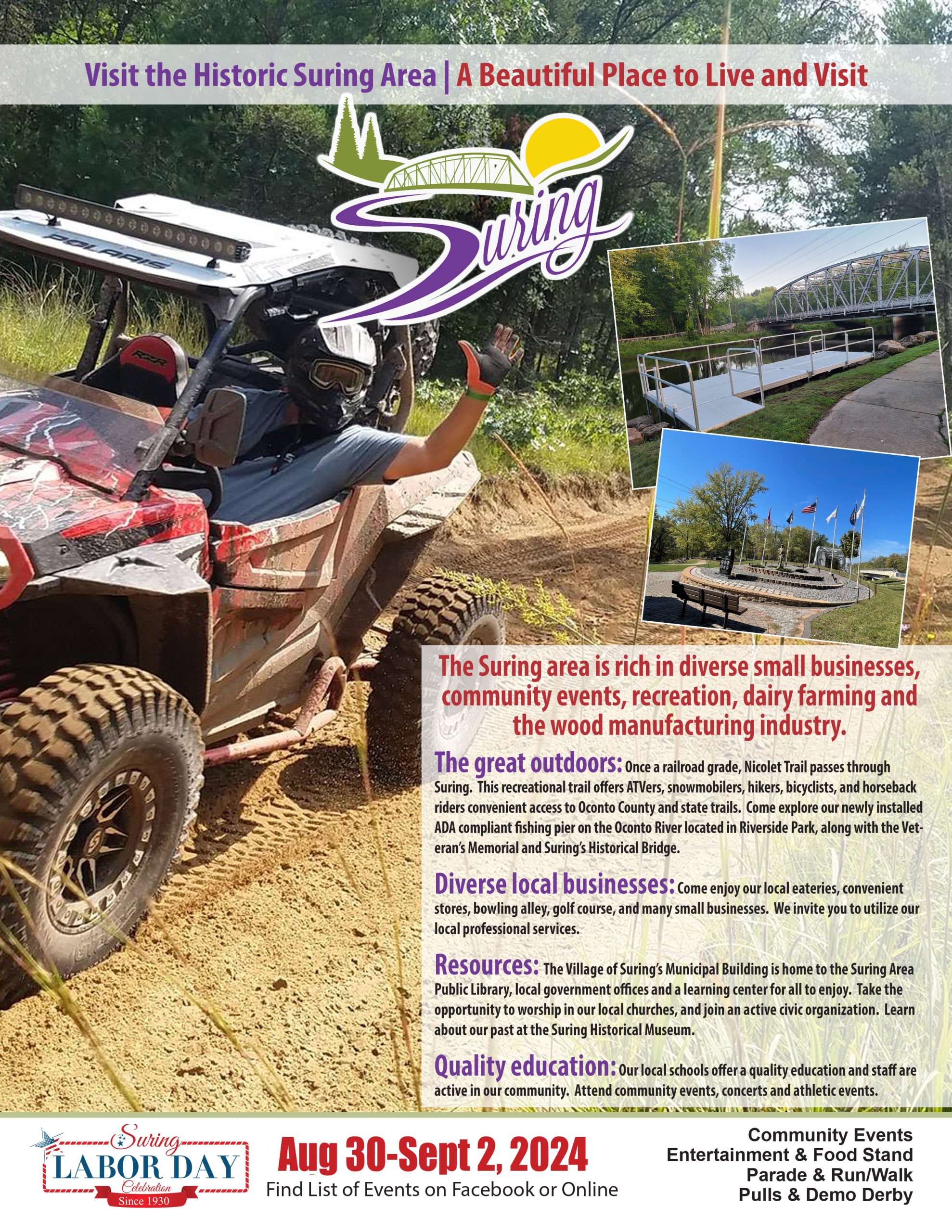 The Suring promotional flyer highlights the Village of Suring in Oconto County, Wisconsin, detailing local outdoor recreation, community resources, and the Suring Labor Day Celebration scheduled for August 30 to September 2, 2024.