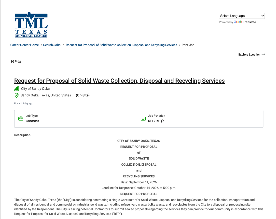 Request for Proposal of Solid Waste Collection, Disposal and Recycling Services