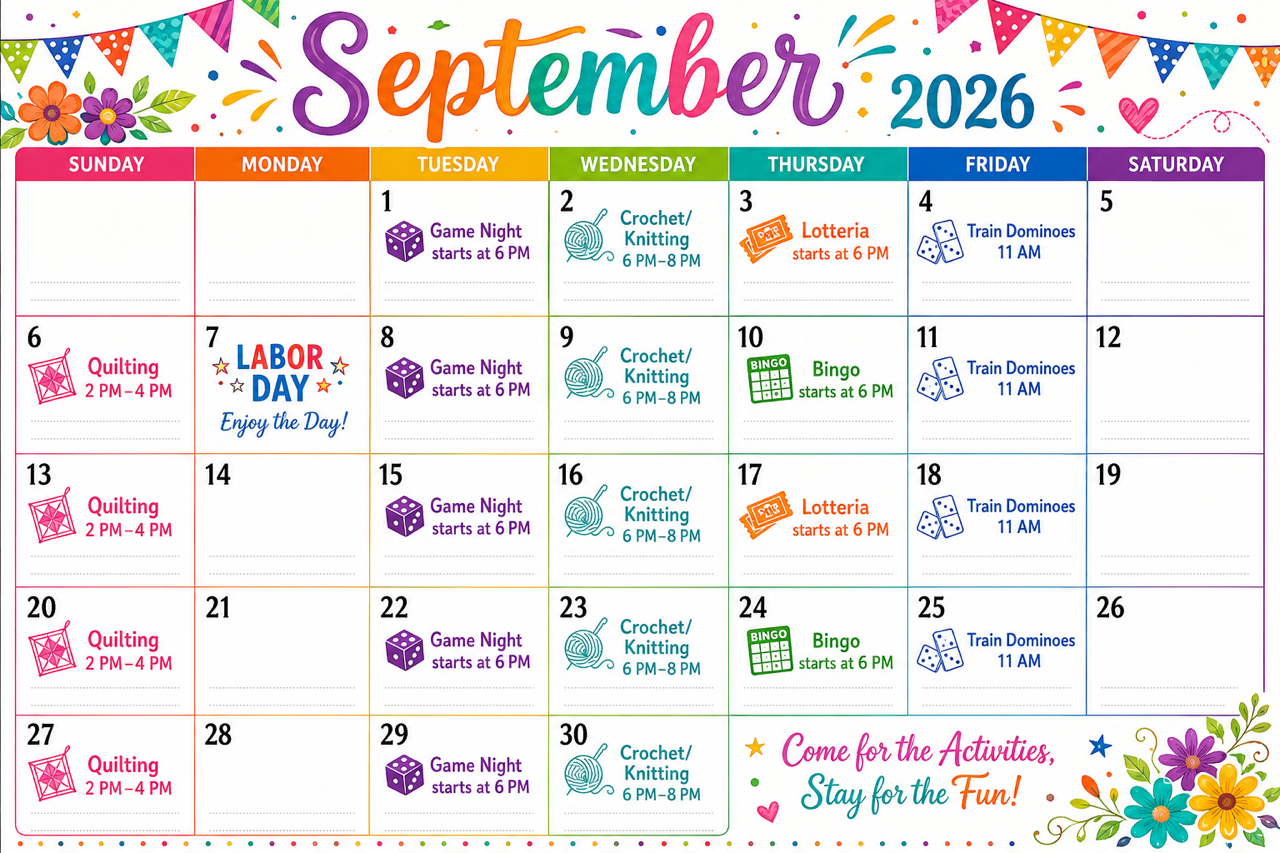 September 2026 community events calendar showing game night, crochet/knitting, bingo, train dominoes, quilting, and Labor Day.
