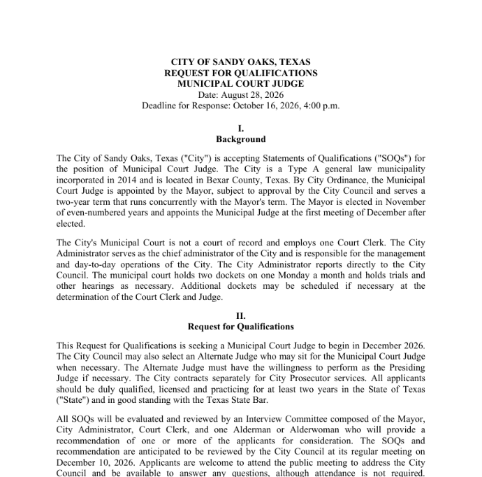 Request for Qualifications for a Municipal Court Judge