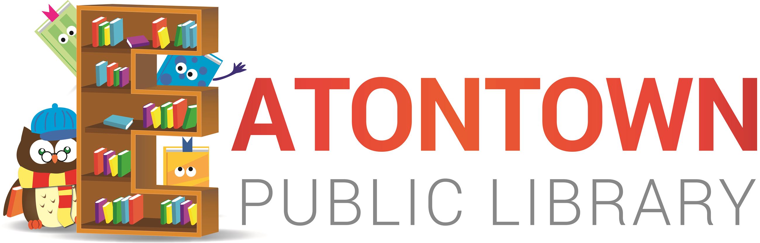 A library sign reading “ATONITOWN PUBLIC LIBRARY” next to a bookcase with colorful books and a cartoon owl-reading character.
