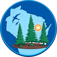 Circular blue badge with pine trees, a glowing sun, hills, and birds flying in the sky.