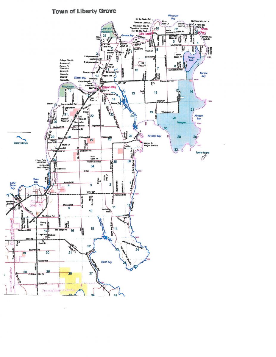 Detailed Town of Liberty Grove map with roads, waterways, and labeled township areas and boundaries.