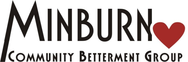 Minburn Community Betterment Group logo with “MINBURN,” a red heart icon, and the words “COMMUNITY BETTERMENT GROUP.”
