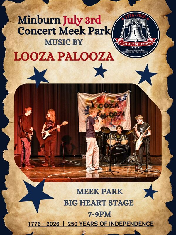 Event poster for Minburn July 3rd at Meek Park: music by Looza Palooza, 7–9 PM, 250 Years of Independence.