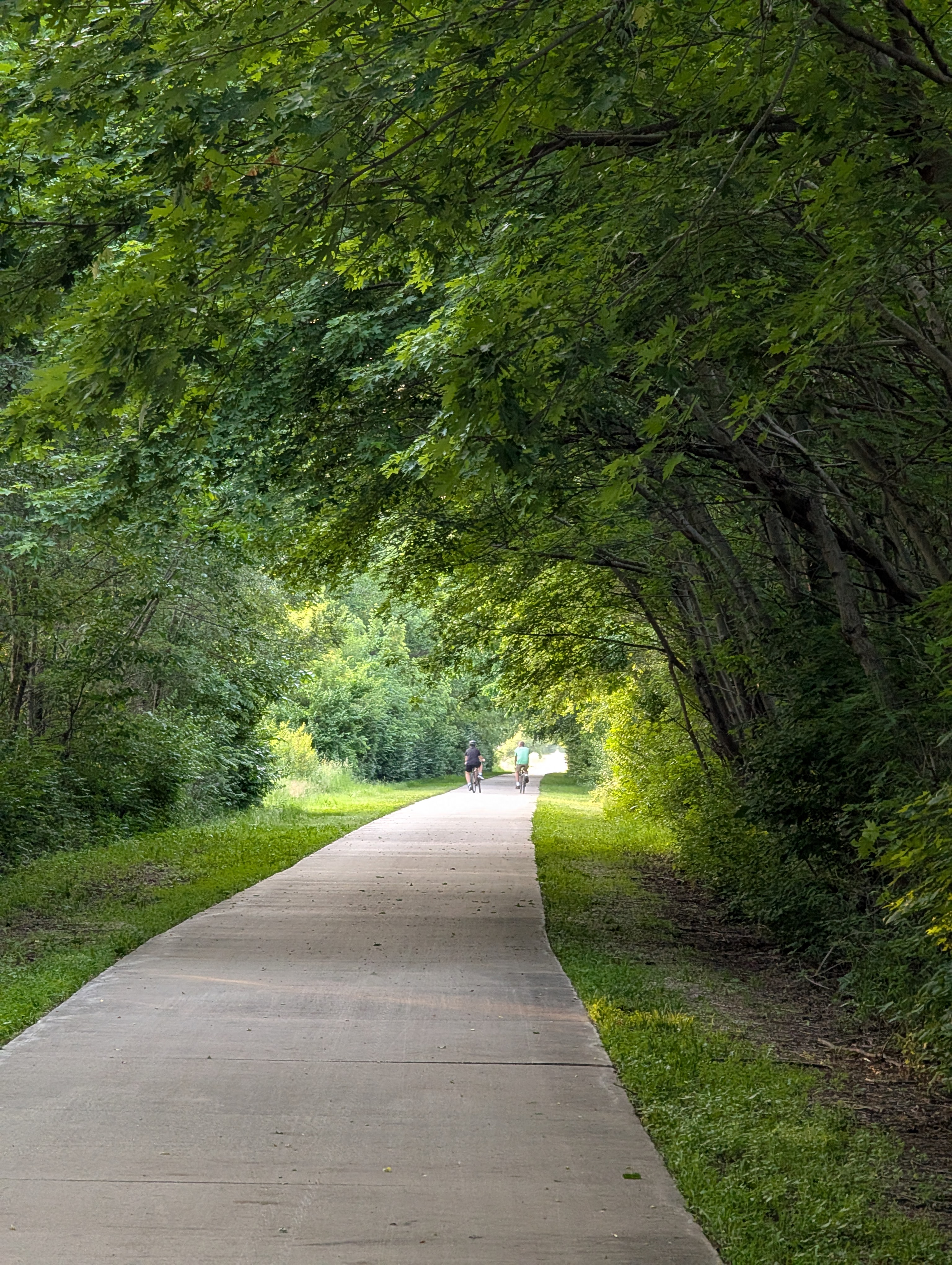 Paved park trail through dense green foliage; two cyclists ride away down the path under tree branches.