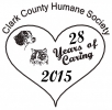 Logo for Clark County Humane Society: heart with “28 Years of Caring 2015” and paw print accents.