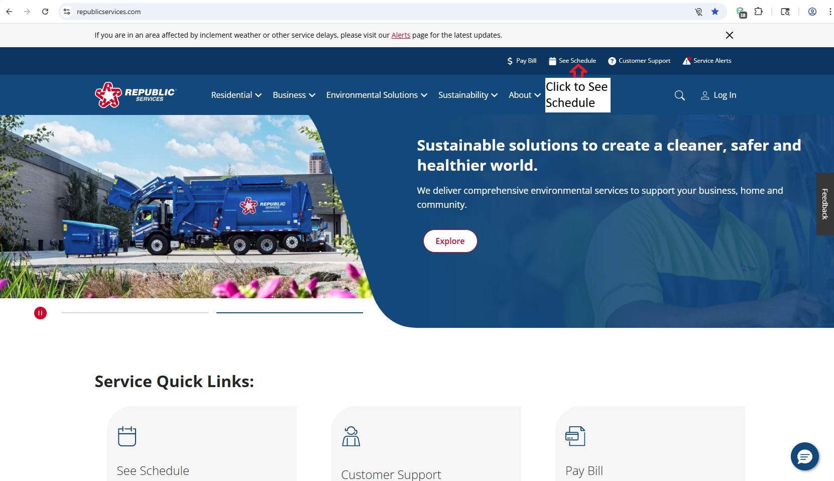 Republic Services website banner showing sanitation trucks, “Sustainable solutions…” headline, and “Explore” button.