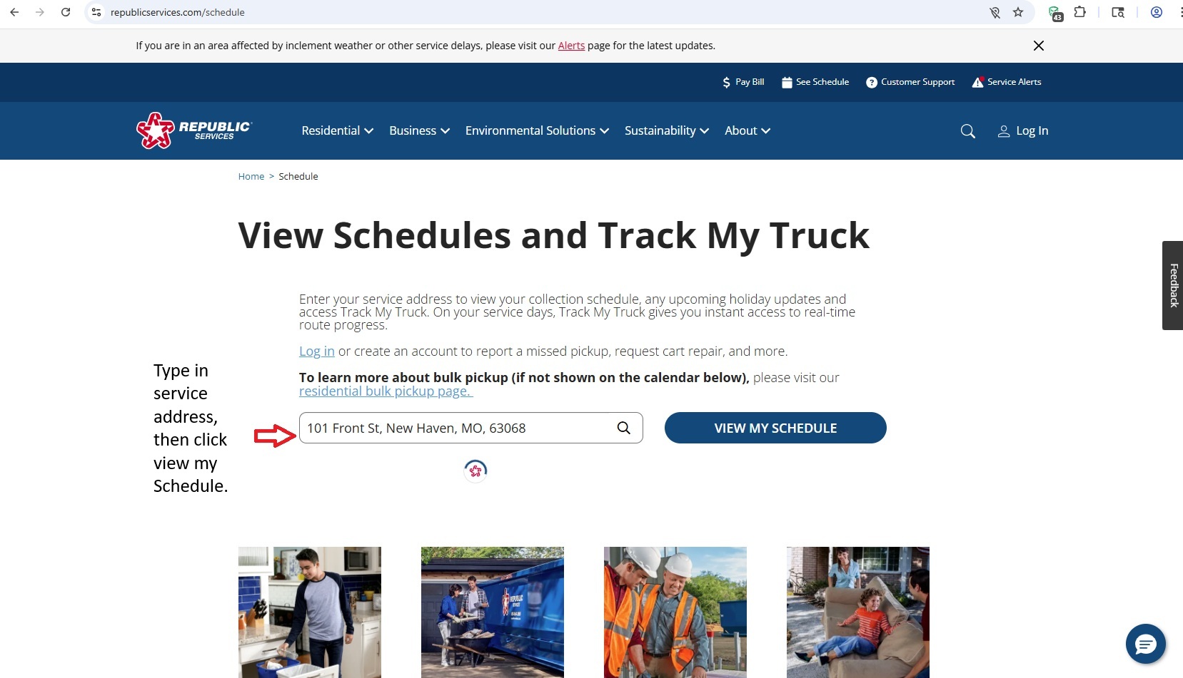 Republic Services website banner showing sanitation trucks, “Sustainable solutions…” headline, and “Explore” button.