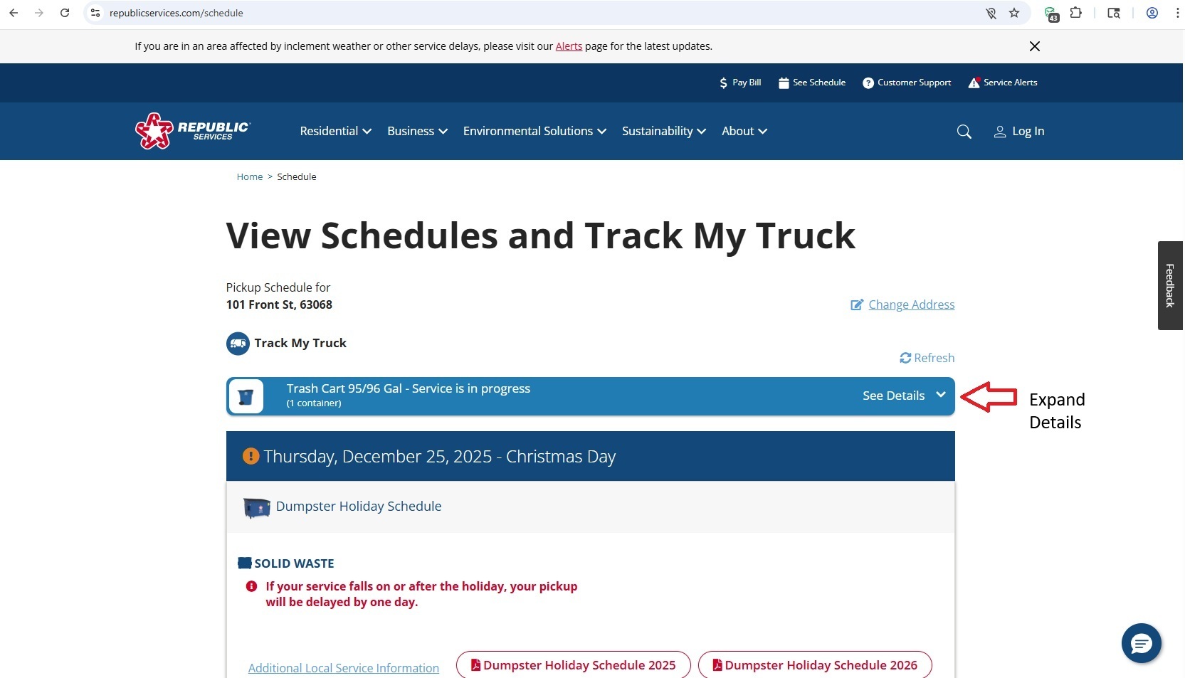 Republic Services website banner showing sanitation trucks, “Sustainable solutions…” headline, and “Explore” button.