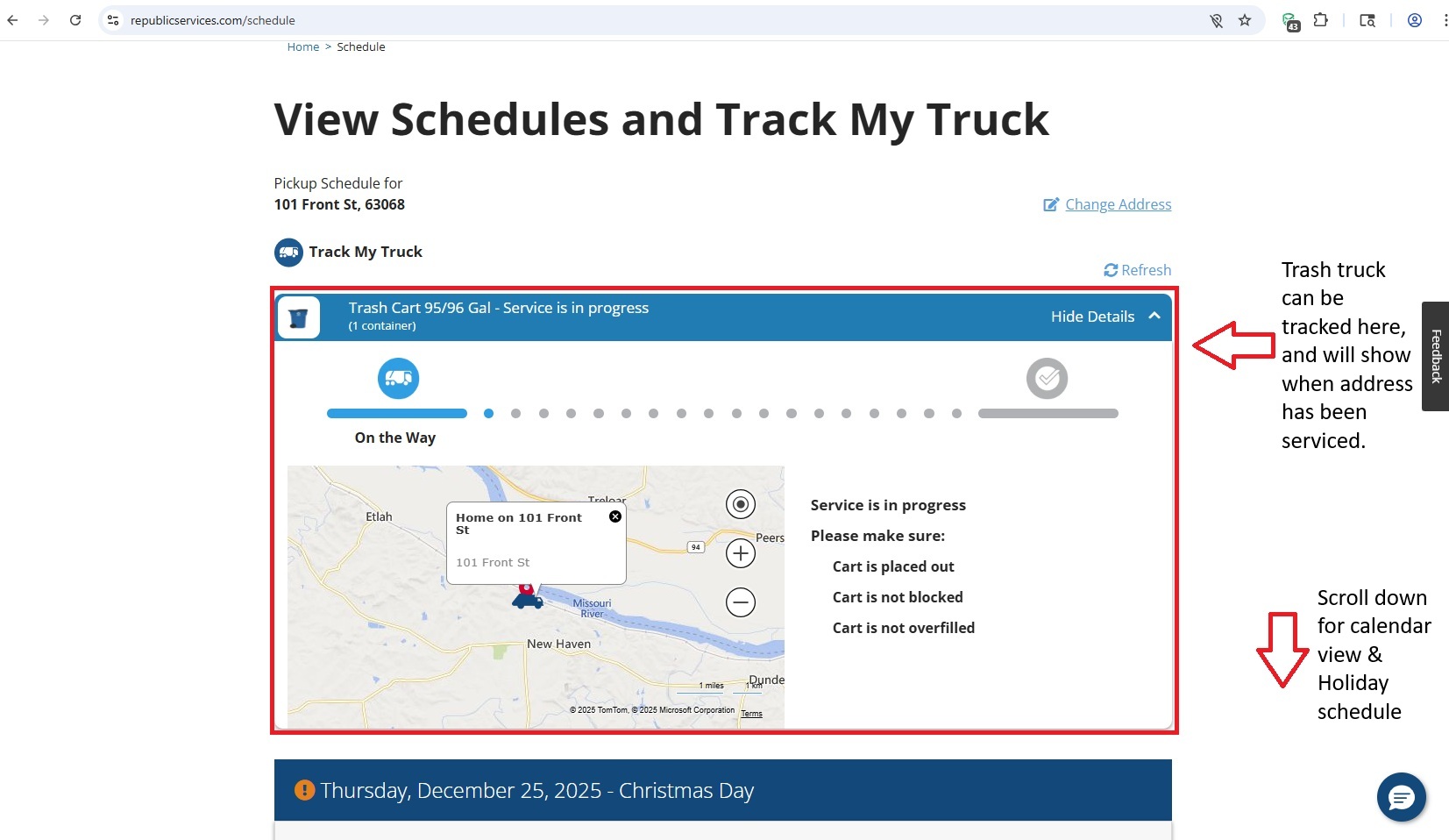 Republic Services website banner showing sanitation trucks, “Sustainable solutions…” headline, and “Explore” button.
