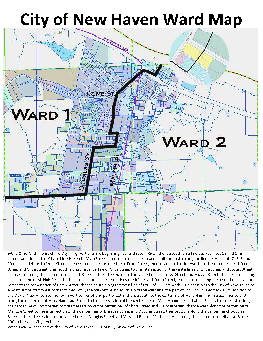 Map titled City of New Haven Ward Map with labeled WARD 1 and WARD 2 and boundary-description text for Ward One.