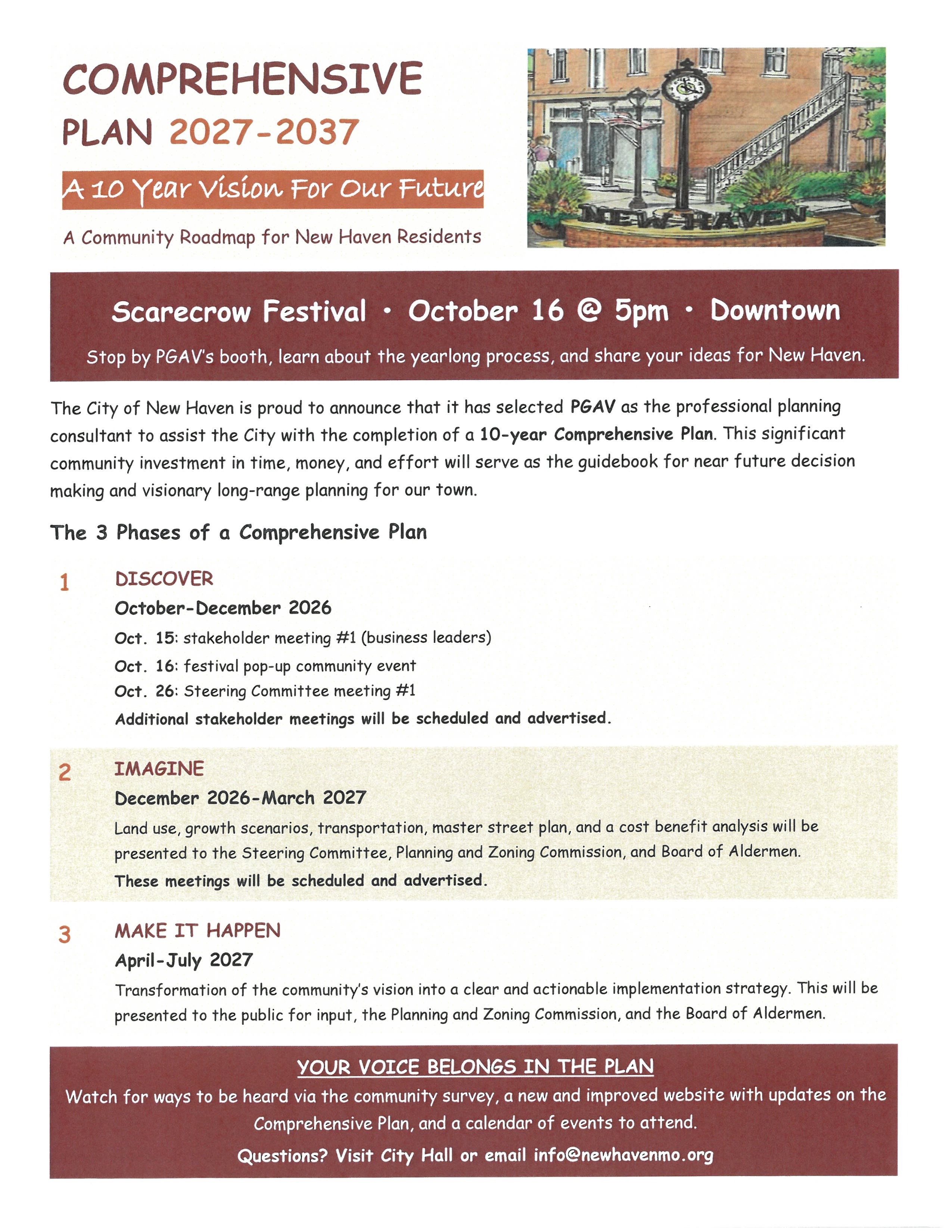 Brochure for New Haven Comprehensive Plan 2027–2037 with event and timeline details.