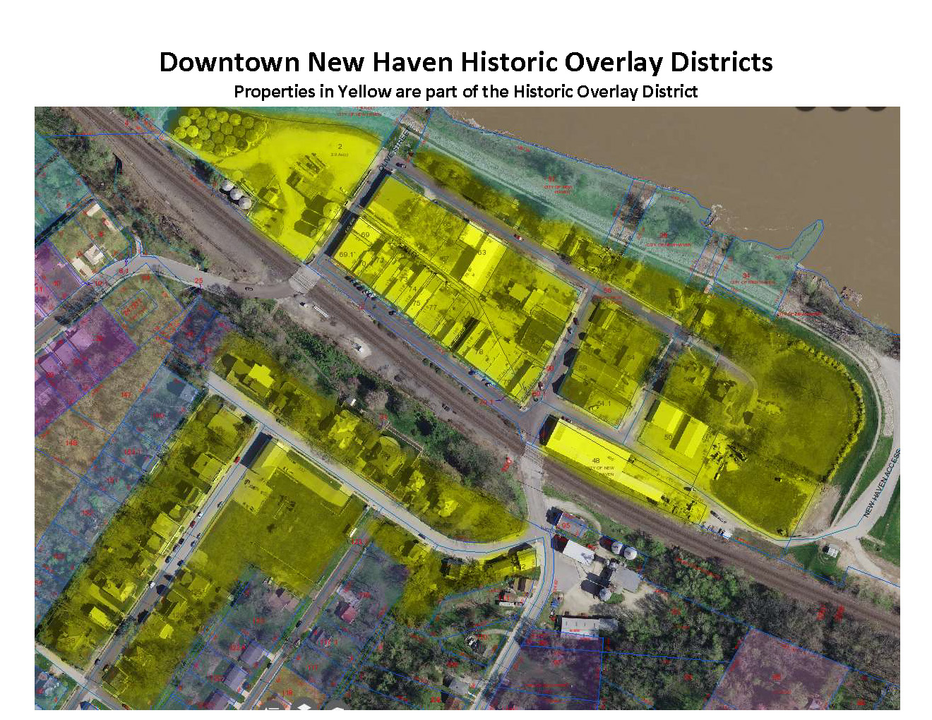 Aerial map of downtown New Haven showing historic overlay district boundaries; yellow shading marks included properties.