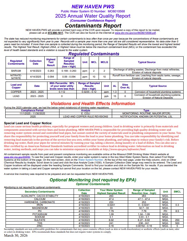 2025 annual water quality report for New Haven PWS M00510568; lists contaminants, MCLs, and indicates no compliance violations.