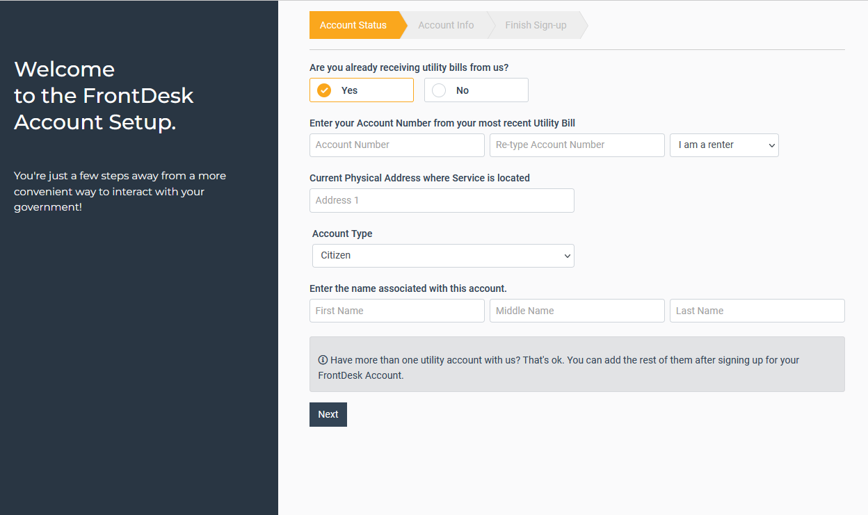 FrontDesk Account Status step: select yes/no for utility bills, enter account number twice, service address, account type, and first/middle/last name, then Next.