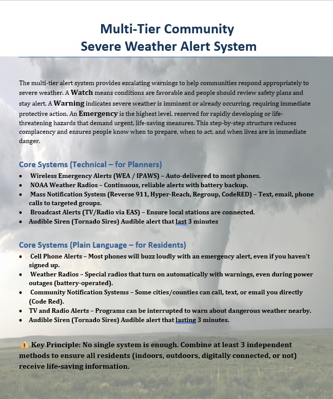 Poster titled “Multi-Tier Community Severe Weather Alert System” describing Watch/Warning/Emergency levels and alert channels.