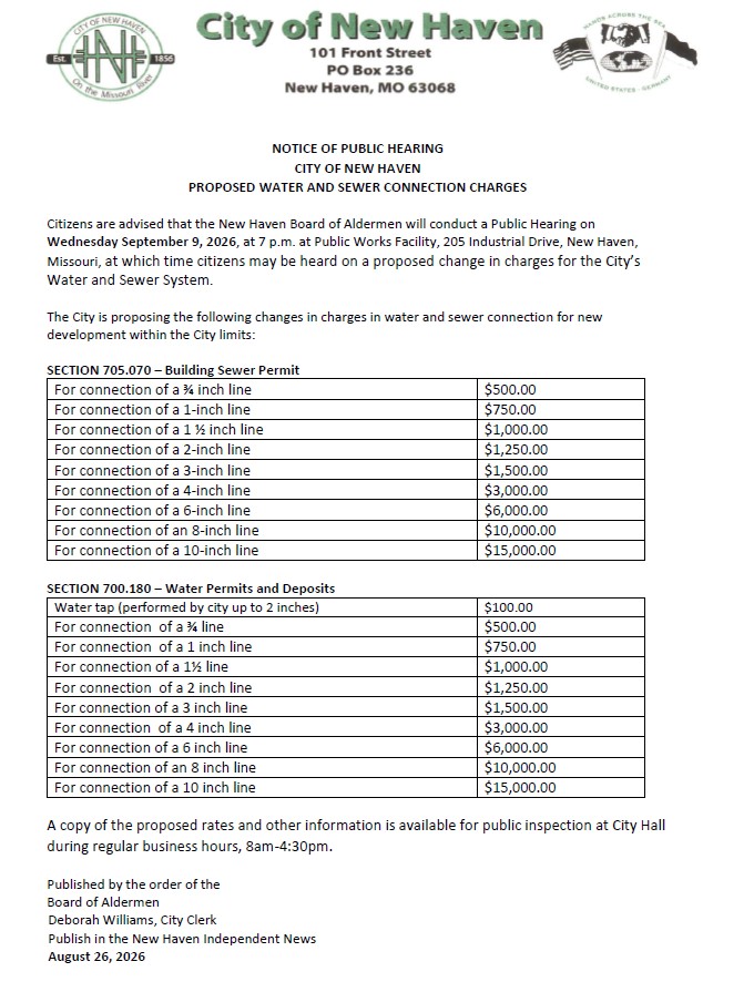 City of New Haven public hearing notice proposing water and sewer connection charges; hearing Sept 29, 2026.
