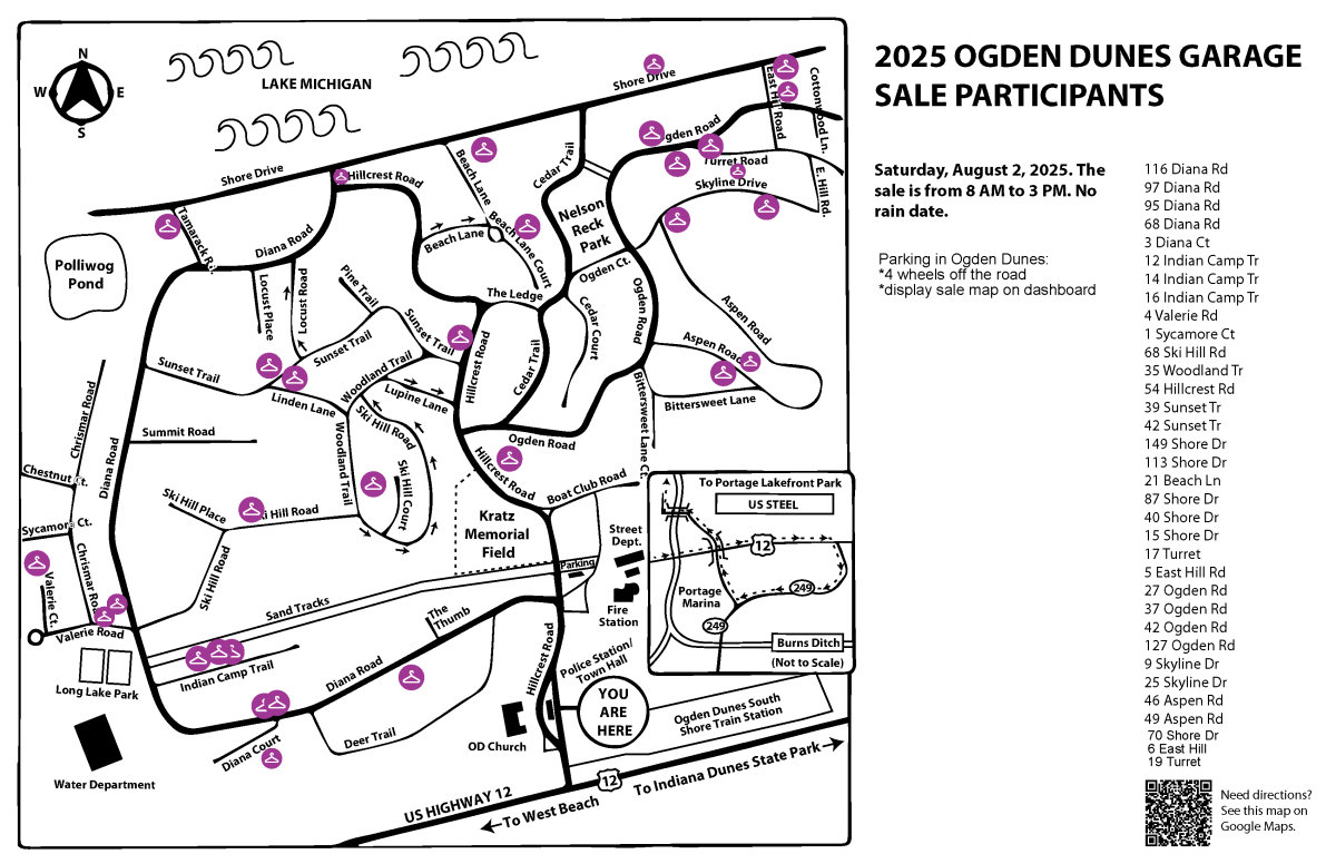 map and participant list for the 2025 Ogden Dunes Garage Sale held on Saturday, August 2, 2025, from 8:00 AM to 3:00 PM in Ogden Dunes