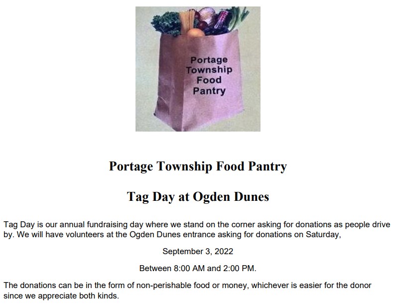 Tag Day fundraiser for the Portage Township Food Pantry at the Ogden Dunes entrance on Saturday, September 3, 2022, from 8:00 AM to 2:00 PM
