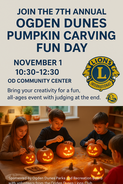 flyer for the 7th Annual Ogden Dunes Pumpkin Carving Fun Day hosted by the Lions Club on November 1 from 10:30 AM to 12:30 PM at the OD Community Center.