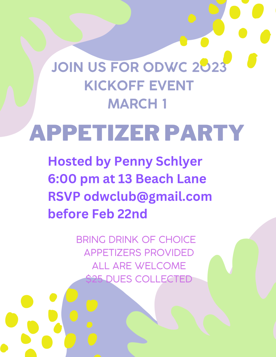 flyer for an ODWC 2023 kickoff appetizer party hosted by Penny Schlyer on March 1 at 6:00 PM at 13 Beach Lane