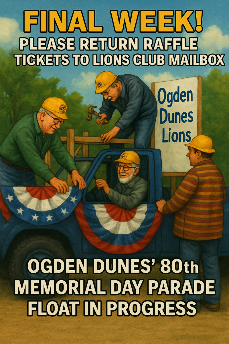 vintage-style illustration for the Ogden Dunes Lions Club regarding their community float building and raffle ticket drop-off for their annual Memorial Day Parade/Centennial celebration