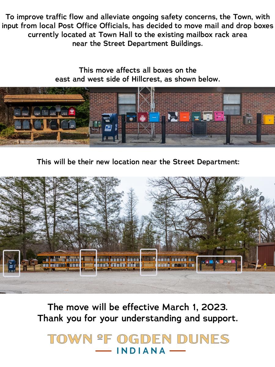 Town is moving mail and drop boxes from the Town Hall to the mailbox rack area near the Street Department Buildings