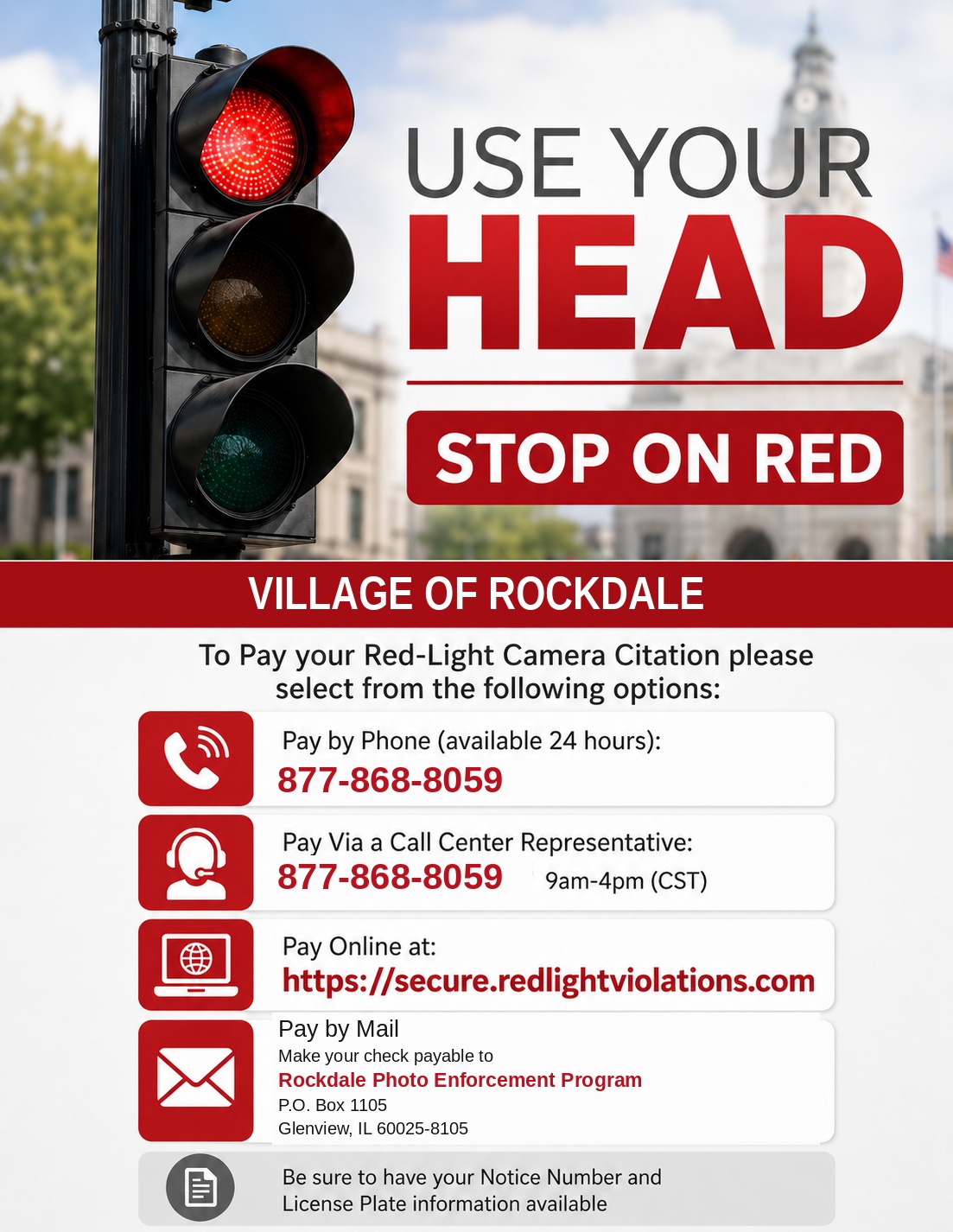 Notice for the Village of Rockdale's Automated Red Light Enforcement Program, detailing official payment methods and contact numbers for settling a red-light camera citation.
