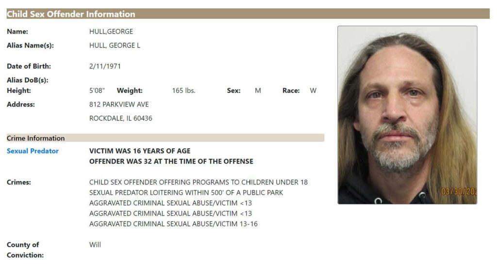 Registry record from Illinois regarding a registered sexual offender named George Hull, listing physical descriptors, conviction details, and an identification photograph.