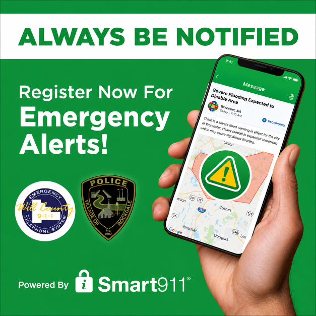 Flyer text: “Always Be Notified—Register Now For Emergency Alerts!” Smart911 branding and icons; phone shows “Message” about flooding and a map.