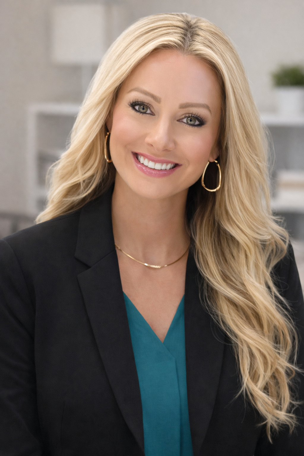 Smiling blonde woman in a black blazer and teal top with gold hoop earrings and a gold necklace.