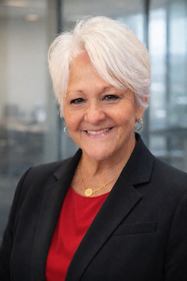 Smiling older woman with short silver hair wearing a dark blazer, red top, and gold jewelry; blurred office background.