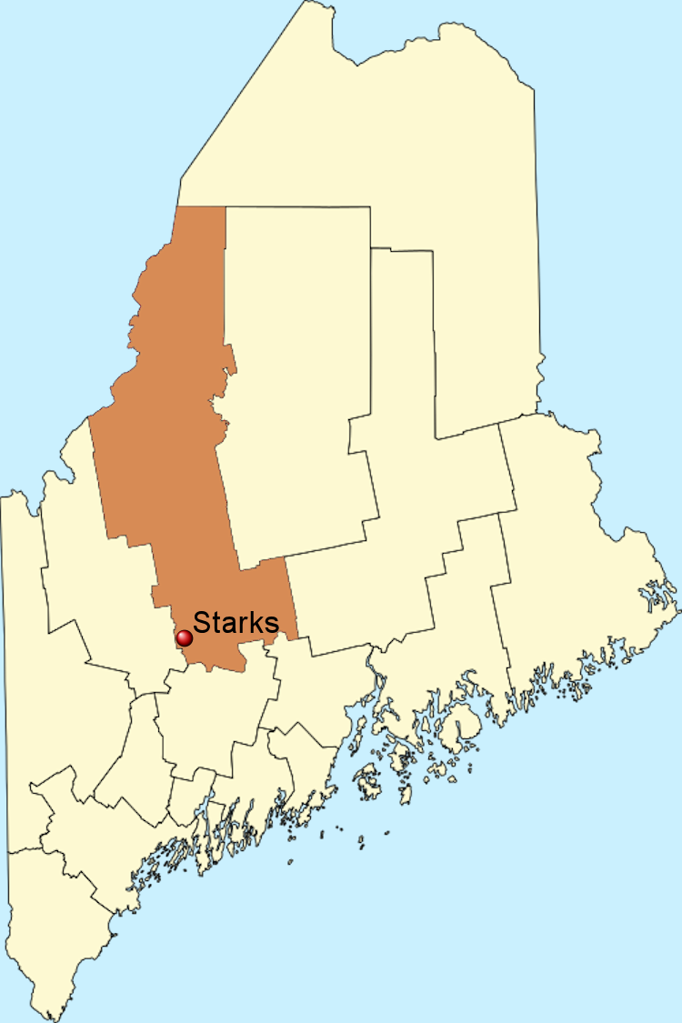 State of Maine map showing a red dot labeled “Starks”.