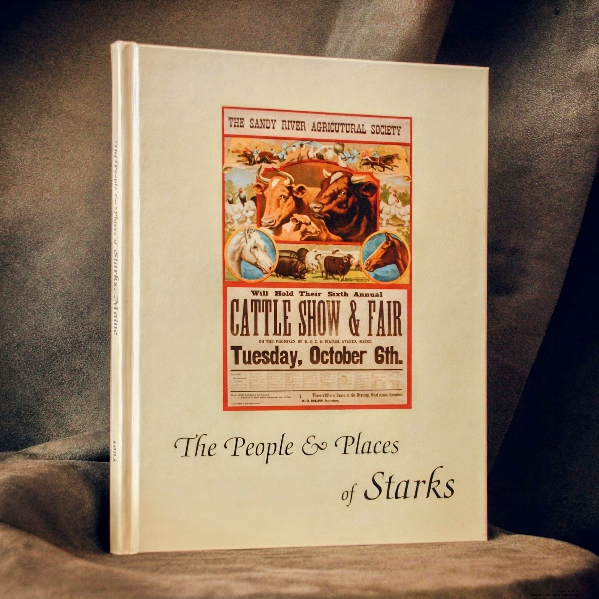 Book cover showing a “Sandy River Agricultural Society” cattle show poster; title “The People & Places of Starks”.