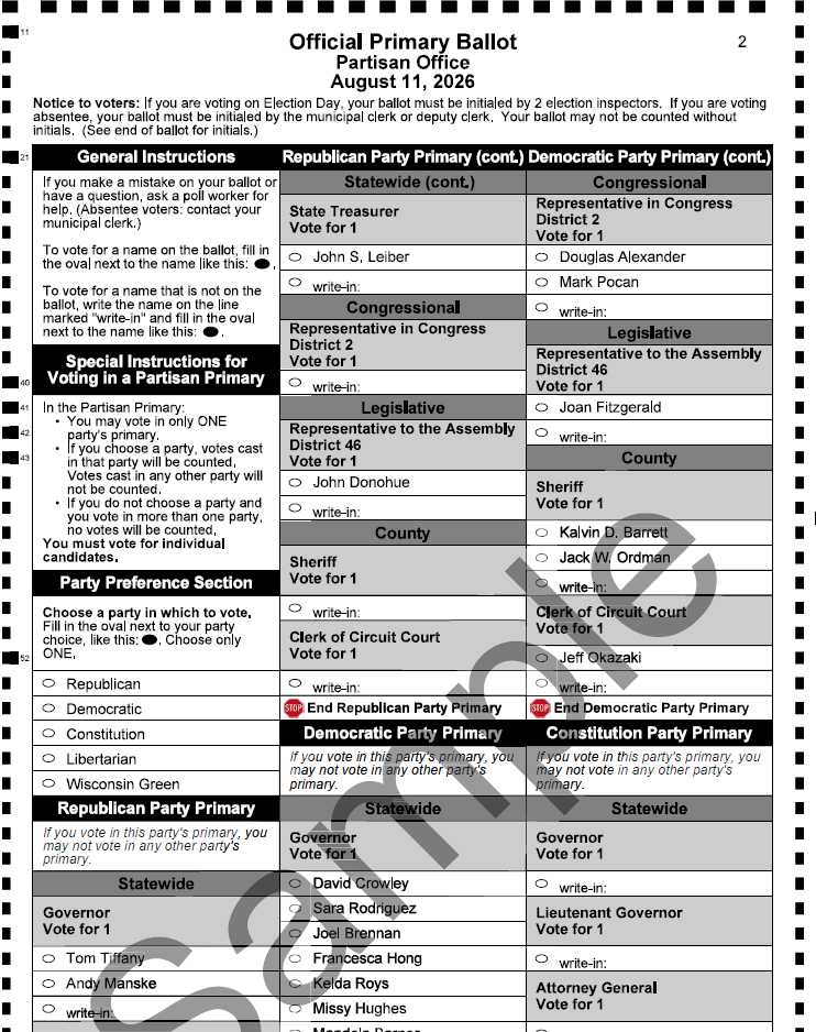 2026 Fall Partisan Primary Sample Ballot