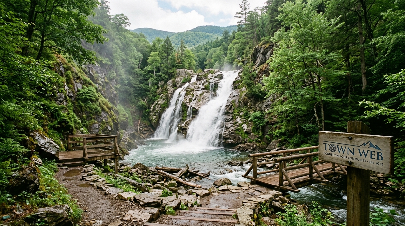 Multi-tier waterfall in a lush green valley with wooden viewing rails and a sign reading “TOWN WEB” in front.