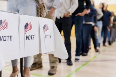 Voter sign with “VOTE” and an American flag emblem in the foreground; people stand in a queue behind it.