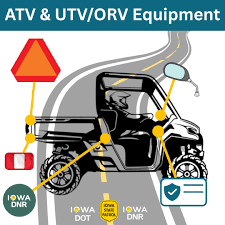 Labeled diagram of an ATV/UTV/ORV, showing a warning symbol and several highlighted component callouts labeled IOWA DNR.