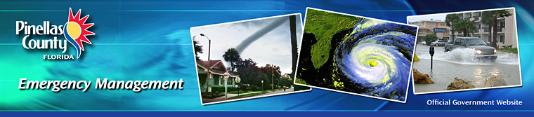 Pinellas County Emergency Management banner showing storms, flood, and official government website text.