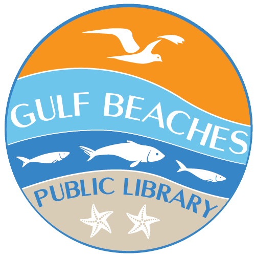 Gulf Beaches Public Library circular logo: bird over orange sky, waves with fish, and two starfish under the text.