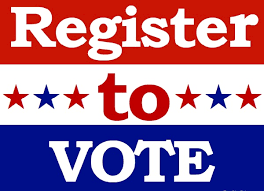 Voter registration poster reading “Register to VOTE” with stars in red, white, and blue.