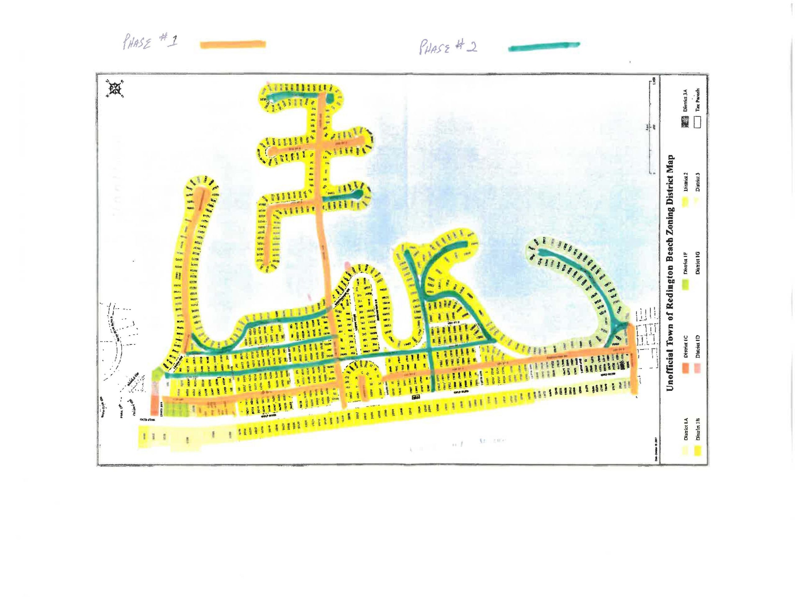 Zoning map of Redington Beach with color-coded districts, labeled streets, and parcel numbers across multiple areas including Gulf Blvd.