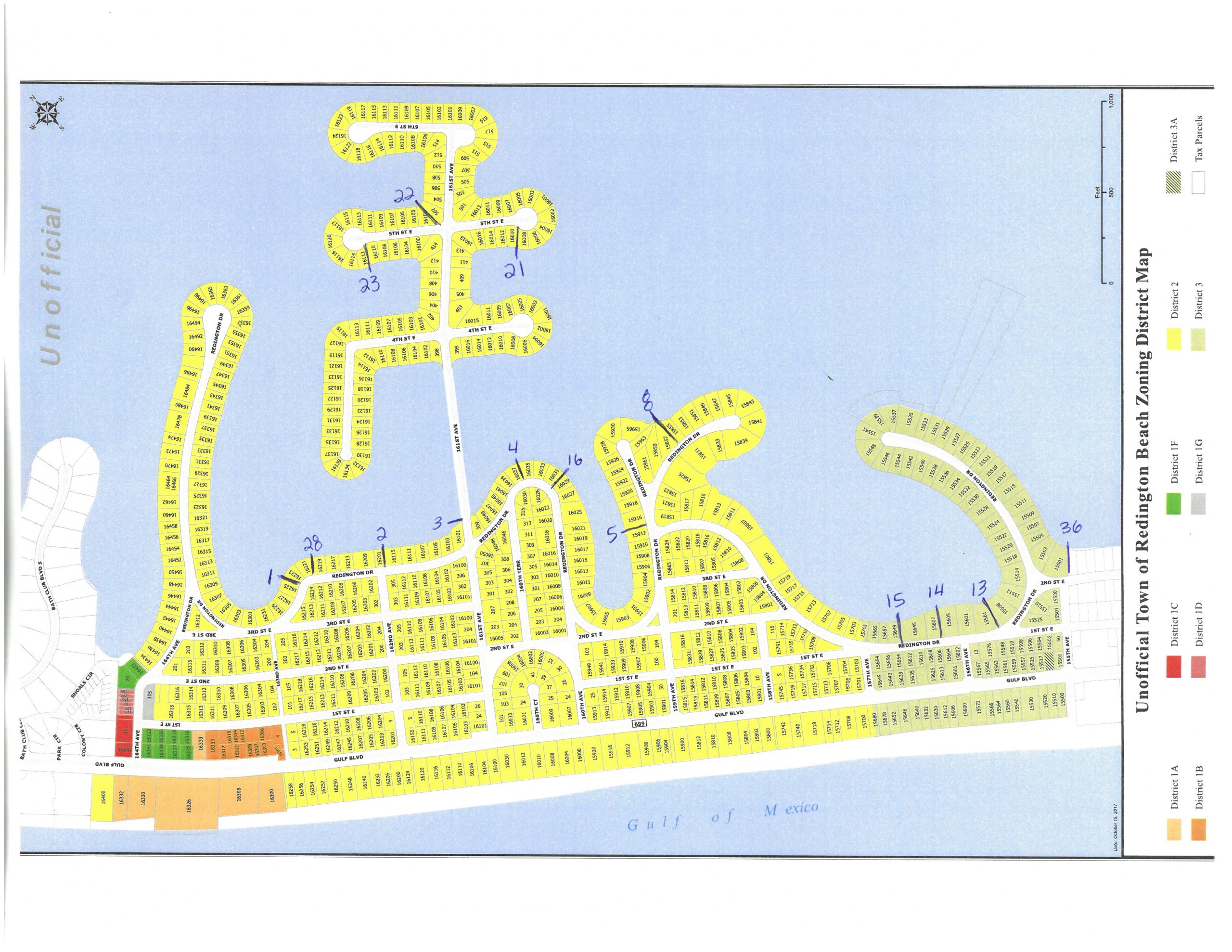 Zoning map of Redington Beach with color-coded districts, labeled streets, and parcel numbers across multiple areas including Gulf Blvd.
