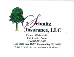Business card for Schmitz Insurance, LLC with phone 920-743-5561 and address 7153 State Hwy 42/57, Sturgeon Bay, WI 54235.